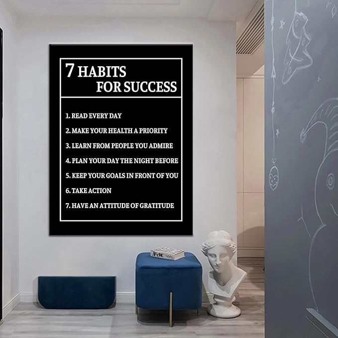 Motivational Canvas Wall Art Inspiring 7 Habits for Success Entrepreneur Quotes Poster Print Inspirational Picture Artwork for Living Room Office Workplace Decor Framed Ready to Hang [30''Wx 40''H]