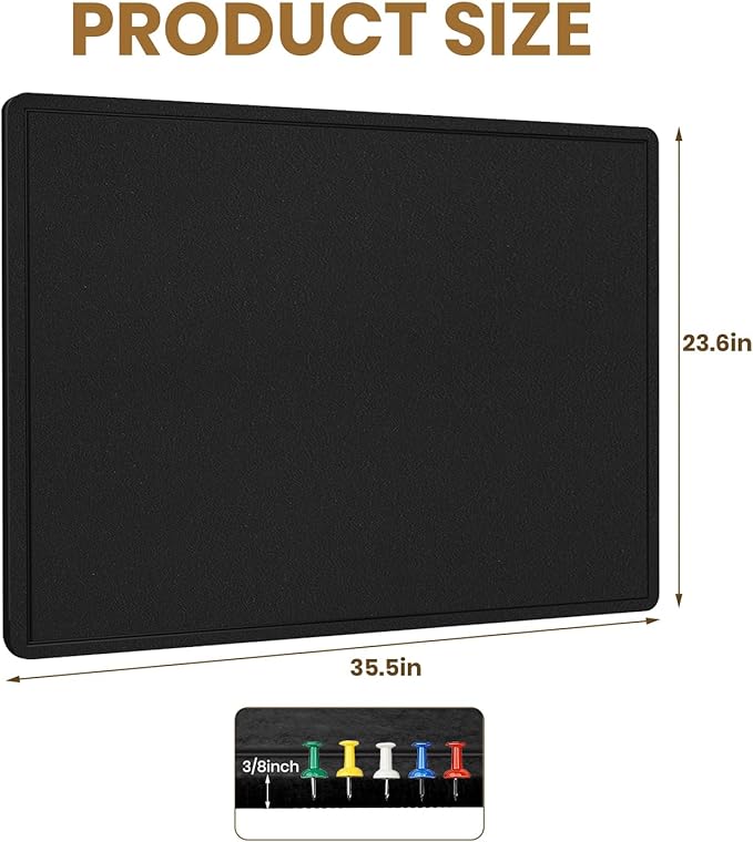 Bulletin Board, 36 X 24 inches Cork Board with 20 Pushpin, Felt Cork Board Notice Pin Board, Self-Adhesive Vision Board Mood Board Foldable Photo Board for Wall - Black