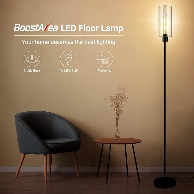 BoostArea Floor Lamp With Glass Lampshade, 4W Bulb Included - Modern Standing Pole Lamp for Living Room, Bedroom, Office, Kids Room, Reading
