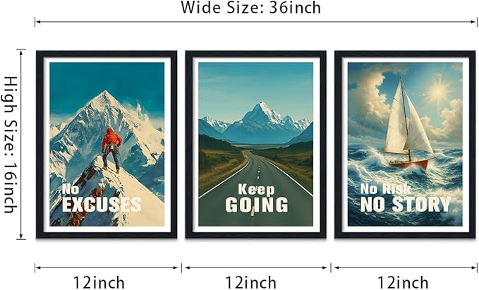 3 Panel Motivational Wall Art - Framed Mountain Road Sailboat Canvas Prints, No Excuses Keep Going No Risk No Story Inspirational Quotes Poster Modern Office Wall Decor, Ready to Hang 12"x16"x3
