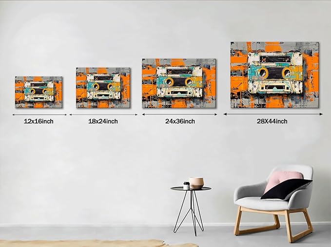 Tape Cassettes Graffiti Canvas Prints, Large Colorful Framed Canvas Paintings Wall Art for Bathroom Bedroom Office Living Room, Abstract Canvas Poster Stretched and Framed Ready to Hang 24"X36"