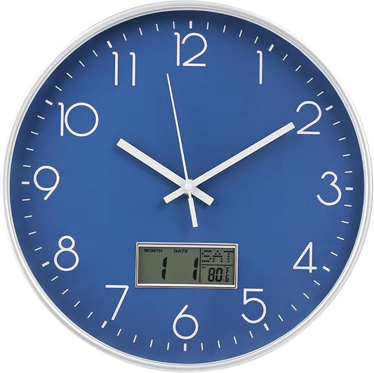Wall Clock with LCD Display Non-Ticking Silent Quartz Movement Decor Clock with Perpetual Calendar and Temperature Modern Style Round Wall Clocks for Office/Living Room/Bedroom (Blue, 12inch)