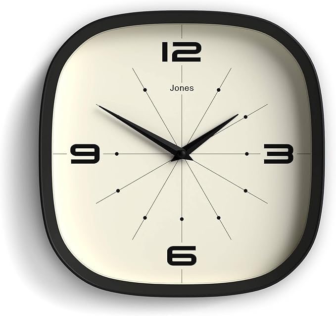 JONES CLOCKS® Pulsar wall Clock | Square Rounded Retro Clock | 10 inch | Black | Cool Designer Look for Kitchen, Living Room or Office