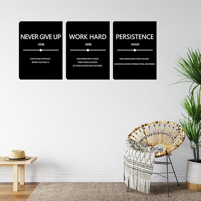 Large Black Office Wall Decor Art 3 Pieces Quotes Canvas Poster Prints Motivational Inspirational Picture Painting Bedroom Hallway Decorations Framed Artwork Easy to Hang 24"x36"x3