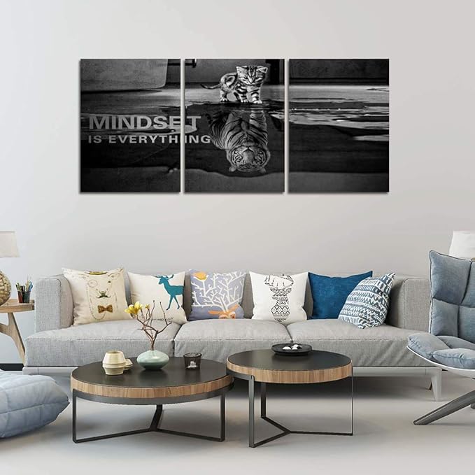 Motivational Canvas Print Wall Art Cat Poster Positive Decor 3 Pieces Inspirational Entrepreneur Quotes Painting Picture Framed Artwork Office Home Decoration - 60" W x 28" H