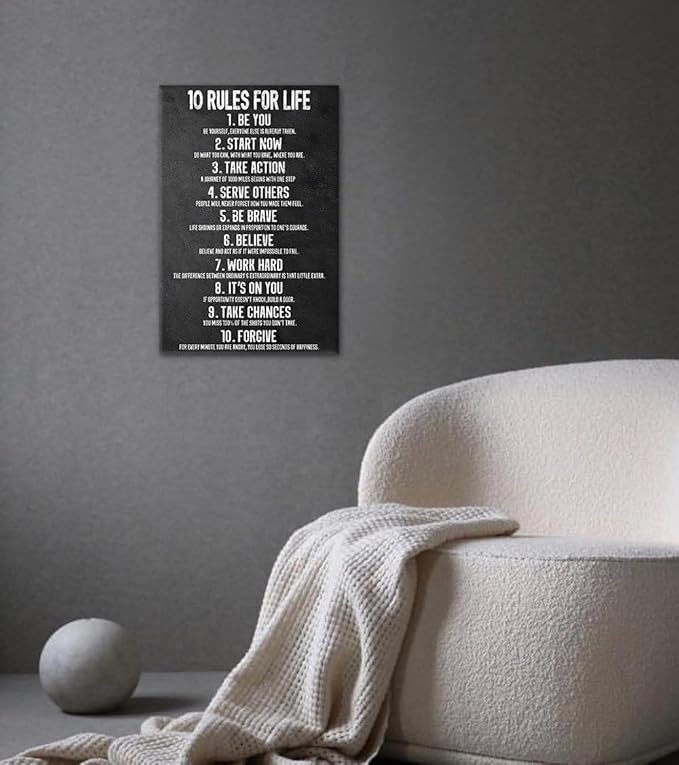 Yatsen Bridge 10 Rules for Life Motivational Wall Art - Black and White Inspirational Canvas Print, Positive Life Principles for Home and Office, Framed & Ready to Hang (12x16 Inch)