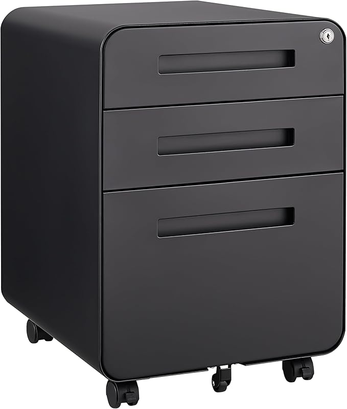 3 Drawer Mobile File Cabinet with Lock, Under Desk Storage Filing Cabinet for Home Office, Small Rolling File Cabinet for Legal, Letter and A4 Files (Black2)
