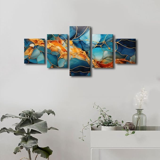 Canvas Wall Art Decor Abstract Canvas Wall Art Modern 5 Panel Colorful Glass Window Poster Golden Lines Painting Art Prints for Living Room Decoration Stretched and Framed Ready to Hang 50x24 in