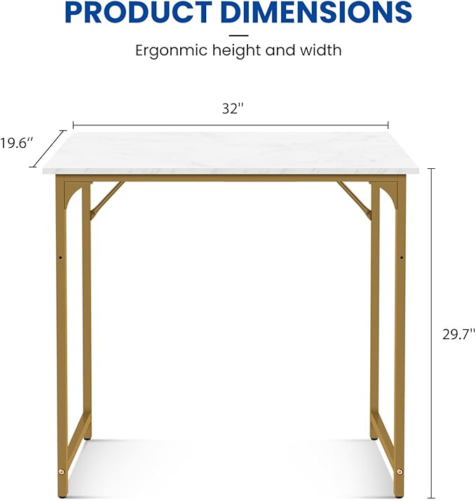 Computer Desk, 32 Inch Office Desk with Metal Frame, Home Office Desk, Modern Simple Style for Small Space Home Office, Living Room, Bedroom, White Gold
