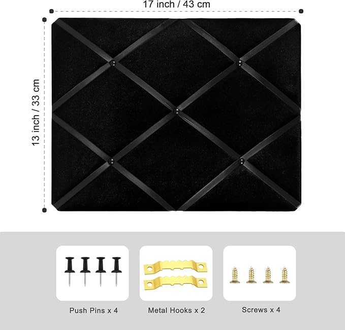 Black Fabric Memo Bulletin Board, 17x13 inches Velvet Pin Board for Wall, Vision Board Message Board Cork Board with Criss-Cross Ribbons for Home Office School Wall Decor(BK Velvet,4333)
