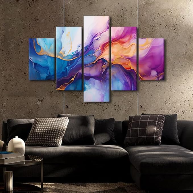 Canvas Wall Art Decor for Living Room Modern Abstract Canvas Wall Art 5 Panel Colored Bright Splashes Poster Printing Artwork Colorful Abstract Canvas Art Prints Stretched Ready to Hang 60x40 in