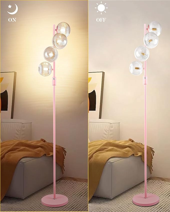 Lightdot 64IN Dimmable Floor Lamp with Globe Clear Glass Shade, Modern Pink Standing Lamps with 4PCS 3000K Bulbs Included, Mid Century Floor Lamp for Living Room Bedroom//Sofa Beside/Corner Decor