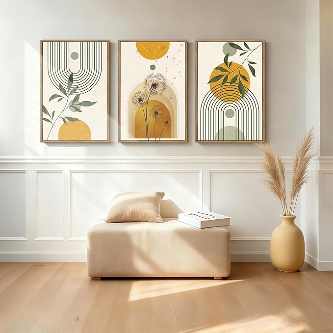 ANHUIB Boho Minimalist Canvas Wall Art 24x36 Inch Dandelion Plant Wall Decor Modern Geometric Artwork Abstract Line Botanical Painting Set of 3 for Living Room Bedroom Dining Room