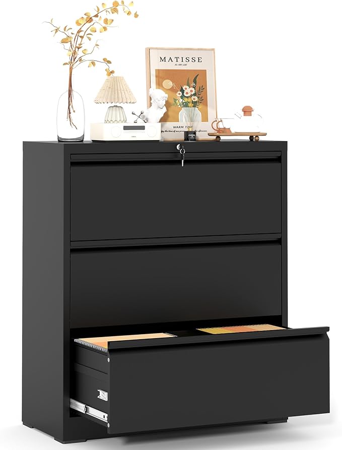 3 Drawer File Cabinet,Metal Lateral Filing Cabinet with Lock,Home Office Storage Organizer Cabinet for Legal/Letter/A4/F4 Size Files,35.5" W,Black