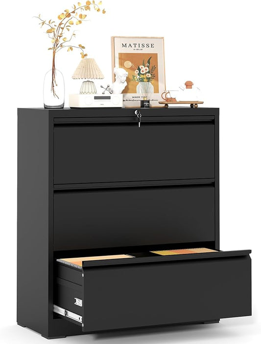 3 Drawer File Cabinet,Metal Lateral Filing Cabinet with Lock,Home Office Storage Organizer Cabinet for Legal/Letter/A4/F4 Size Files,35.5" W,Black