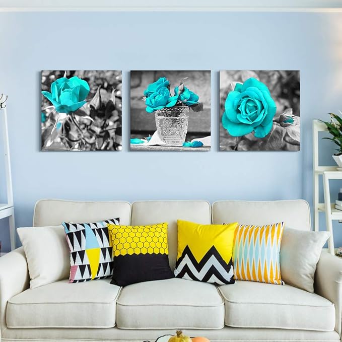 wall art for living room Black and white rose flowers Blue Big Canvas Prints Wall Decor Artwork 24" x 24" 3 Pieces Framed Watercolor Giclee with Black Border Ready to Hang for bedroom Home Decoration