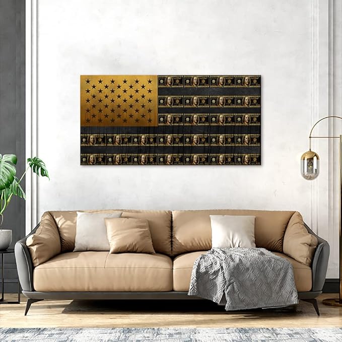 Large Artwork for Wall Abstract American Flag Made Up of Dollars Office Artwork Motivational Office Wall Art Work HD Print Creative Art Print for Bathroom Coffee Shop Gift Choice Framed Art-48 Wx24 H