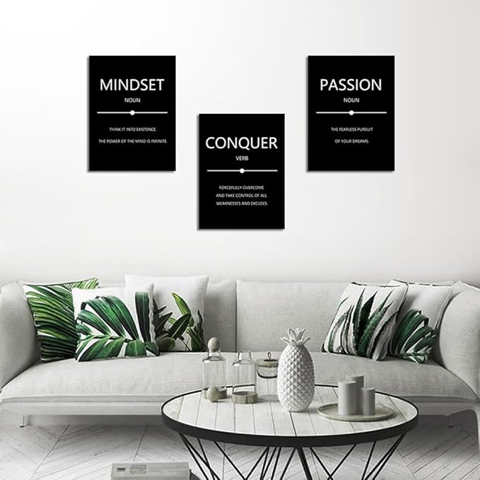 Unbruvo Motivational Wall Decor for Office, 3 Pieces Inspirational Canvas Wall Art, Mindset Passion Conquer Canvas Poster, Positive Quotes for Entrepreneur Meeting Room Lobby Bedroom(48''Wx 24''H)