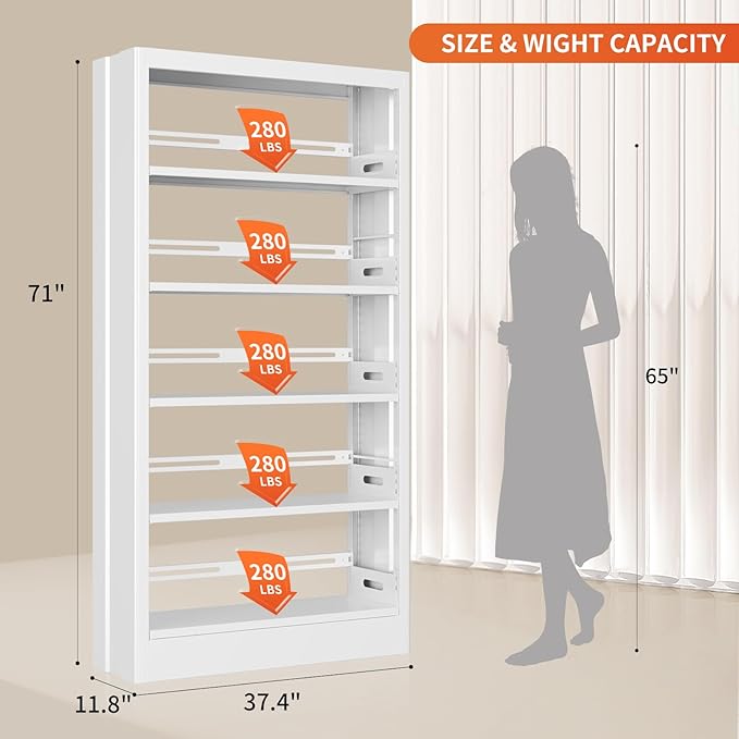 Metal White Bookshelf, 71"H Tall Bookcase with Adjustable Storage Shelves, 5-Tier Heavy Duty Book Shelf, Modern Open Large Book Case for Library, Living Room, Office, including Book Stopper (White)