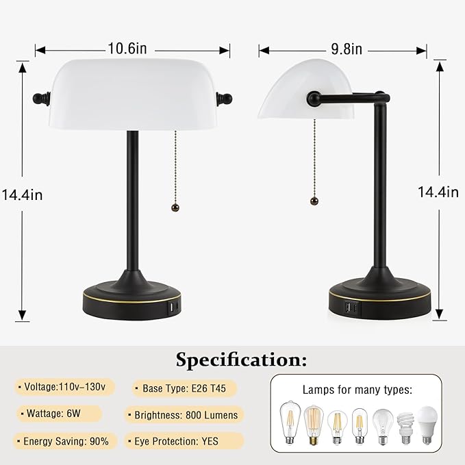 Vintage Desk Lamp Bankers Lamp - Plastic Lampshade Black Retro Table Lamp with USB & Type C Charging Ports Traditional Library Lamp for Home Office Nightstand Bedroom Side Table Lamp-Bulb Included