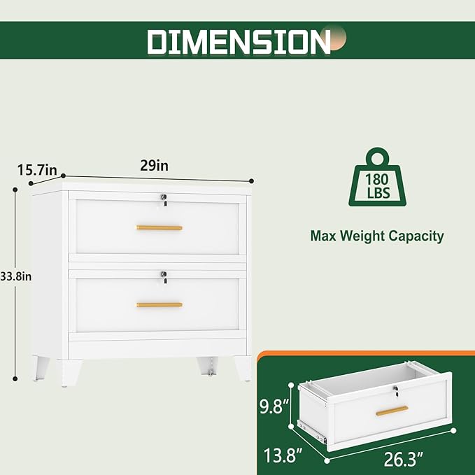 2 Drawer File Cabinet with Lock, Metal Lateral File Cabinets for Home Office, Steel Wide Filing Organization Storage Cabinets, Home Office Furniture for Hanging Files Letter/Legal/F4/A4 Size