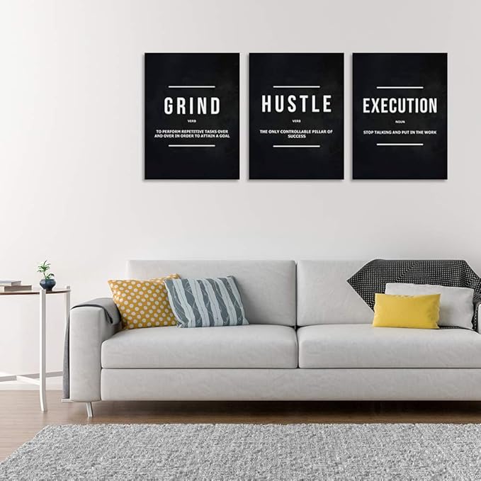 Motivational Office Wall Decor Inspirational Success Canvas Wall Art Hustle Posters Prints Entrepreneur Quote Wall Picture Paintings 3 Pieces Artwork Home Bedroom Framed Easy to Hang(72”Wx36”H)