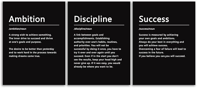 Inspirational Poster Home Wall Decor Motivational Canvas Painting Wall Art Ambition Discipline Success Noun 3 Pieces Positive Prints Picture Artwork School Office Decor Framed[36" W X 16" H]