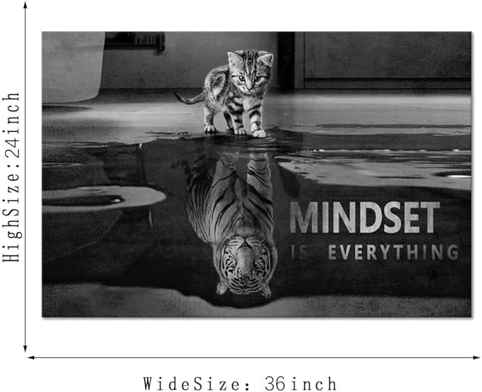 Black and White Small Cat Big Tiger Posters Inspirational Wall Art Motivational Posters Inspiring Entrepreneur Quotes Mindset is everything Pictures Home Decor for Office Classroom Gym (24”Hx36”W)