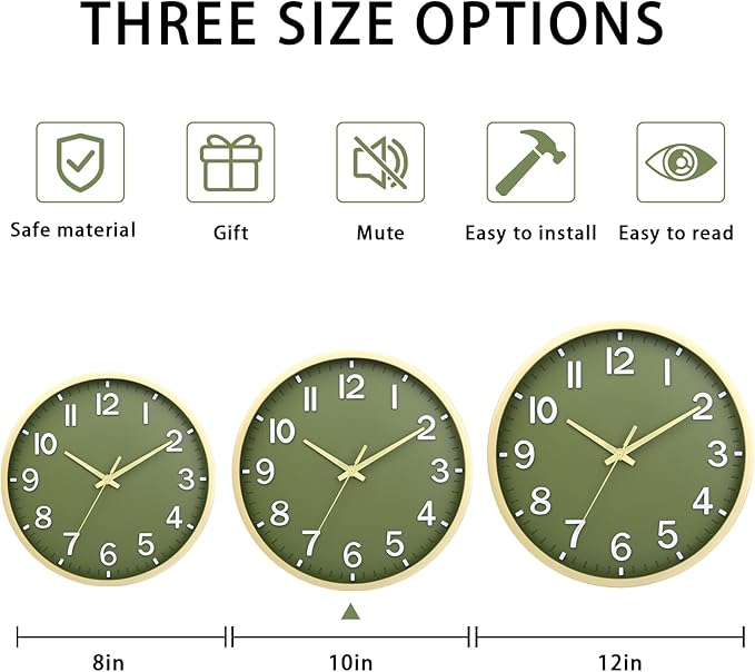 Wall Clocks Battery Operated 10 inch Modern Wall Clock,Silent Non Ticking Wall Clock for Living Room Bedroom Kitchen Office Classroom Decor (Green Gold)