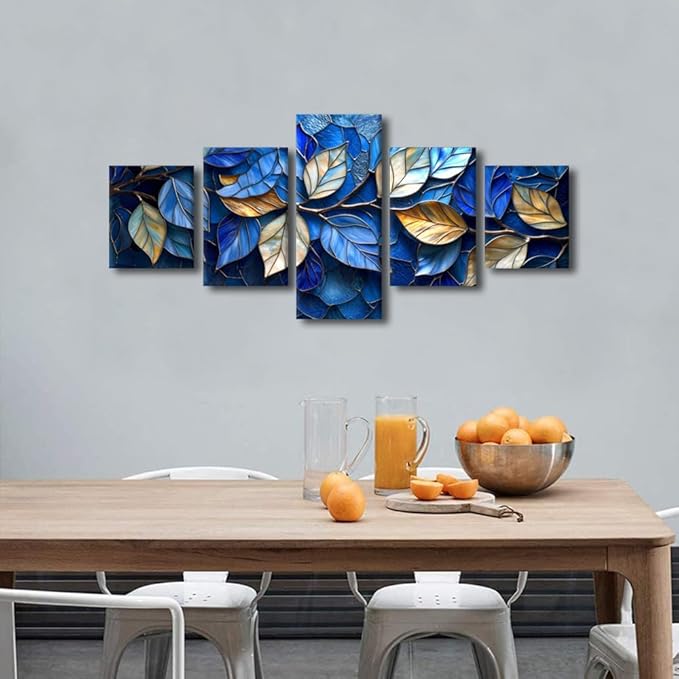 Modern Canvas Wall Art 5 Panel Abstract Canvas Wall Art Blue and Golden Leaves Pattern Art Wall Prints for Native Americans Bedroom Home Canvas Art Decor Stretched and Framed Ready to Hang 50x24 in
