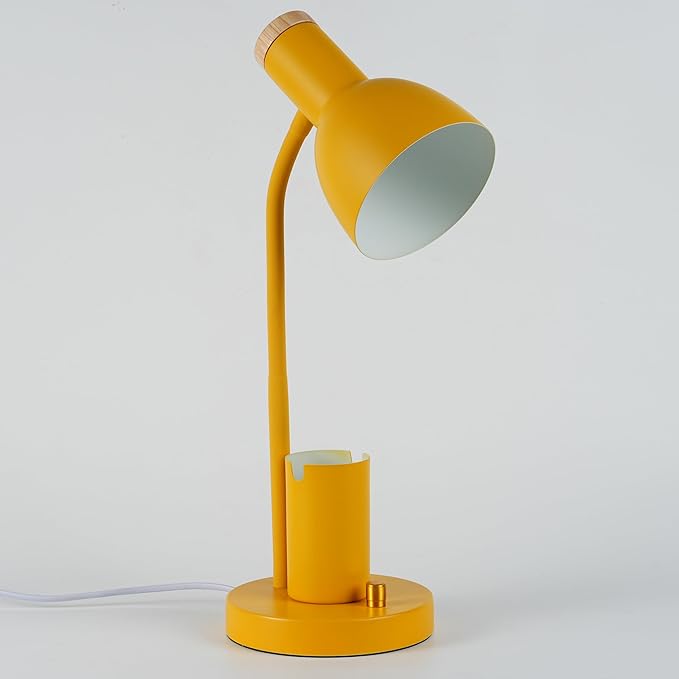 Desk Lamp with Pen Holder, Green, Wood Accent, Adjustable Gooseneck, Modern Study Light (Yellow)