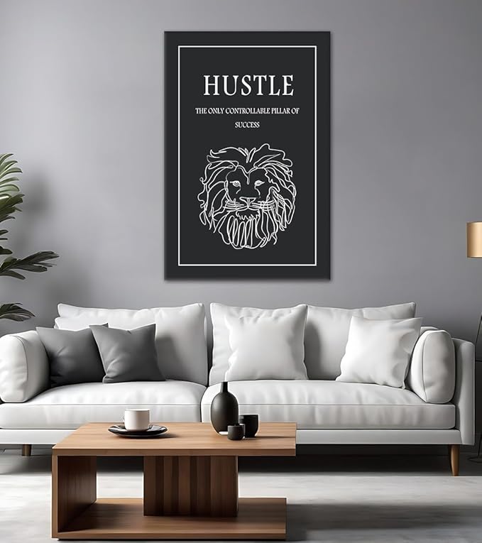Hustle Motivational Wall Art, Black and White Lion Head Canvas Print with Inspirational Quotes Wall Decor, Encouraging Success Painting for Office Living Room Home Gym Workplace, Framed 28x44 in