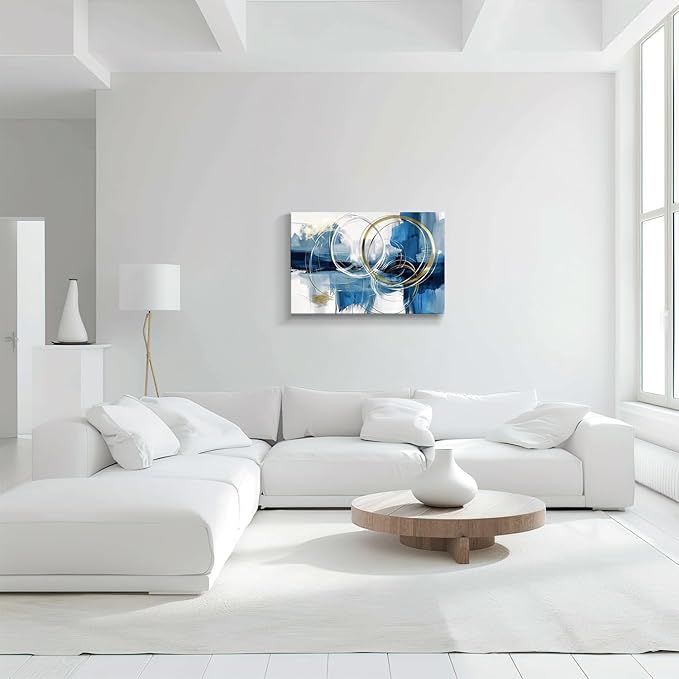 gaosoul Minimalist Abstract Canvas Wall Art Blue and Gold Doodles on White Background Painting Prints Stylish Framed Artwork for Living Room Bedroom Office Decor 30x20in
