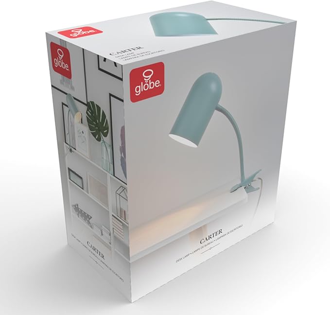 GLOBE Electric 52302 Carter 15" Clip-Arm Desk Lamp, Matte Teal, Adjustable Gooseneck Arm, in-Line On Off Switch (Pack of 2)