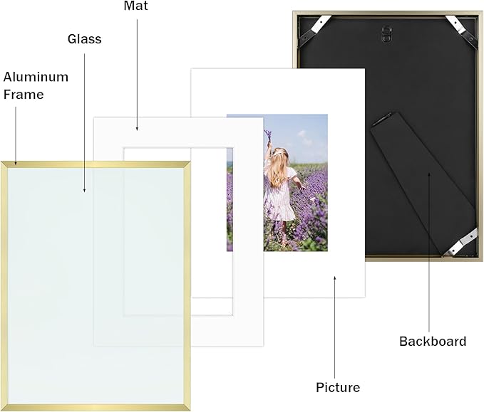 Golden State Art, Gallery Wall Frame Set of 6 - Gold 9x12 Aluminum Photo Frames with Mat for 6x8 Pictures - 9 x 12 inch Metal Frame with Real Glass Cover - Elegant Home or Office Decor