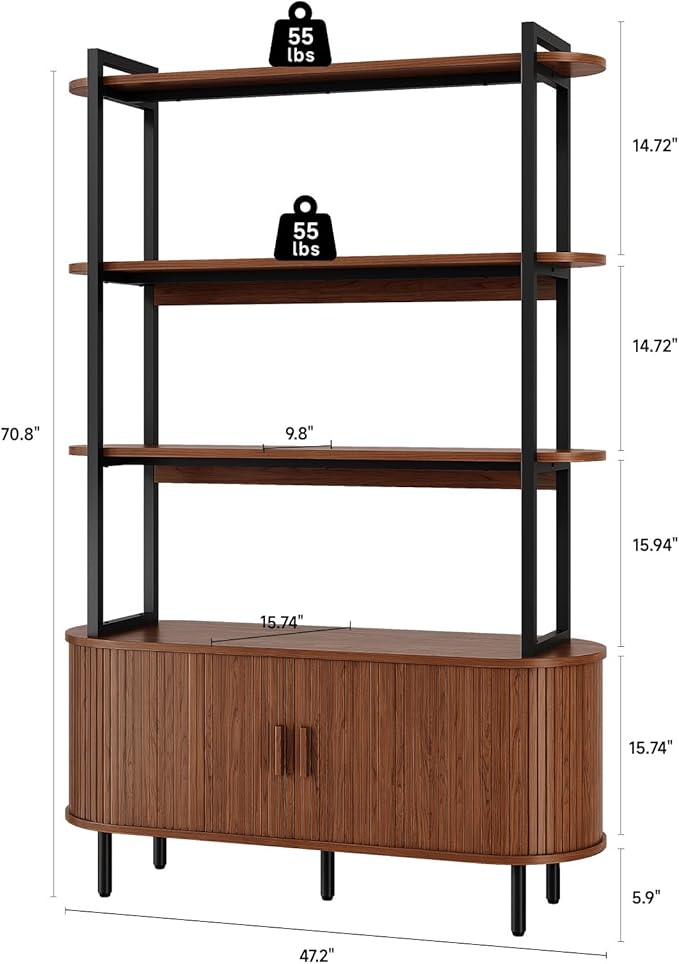 5 Tier Bookshelf with Fluted Cabinet, Tall Bookcase with Sliding Door, Metal and Wood Display Shelf, Free Standing Storage Shelving Unit, Corner Storage Organizer for Living Room, Home Office, Walnut