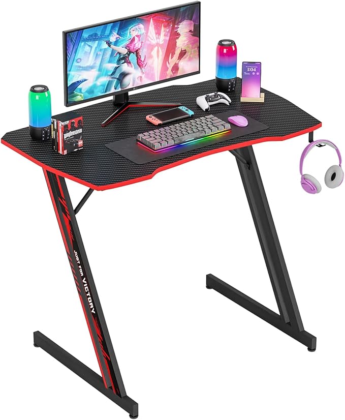 PayLessHere | 35" Gaming Table | Red | Z-Shaped Computer Desk with Steel Frame, Headphone Hook, Adjustable Feet | Carbon Fiber Texture Surface, Sweat & Waterproof | for Gaming, Home Office