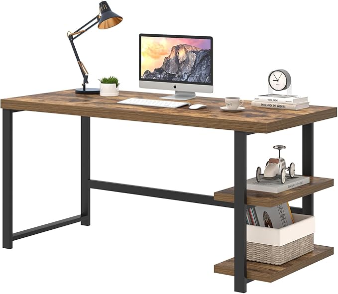 EXCEFUR Modern Computer Desk, Home Office Desk with Storage Shelf, Wood Study Writing Table Workstation for Bedroom Living Room, Rustic Brown, 53 Inch