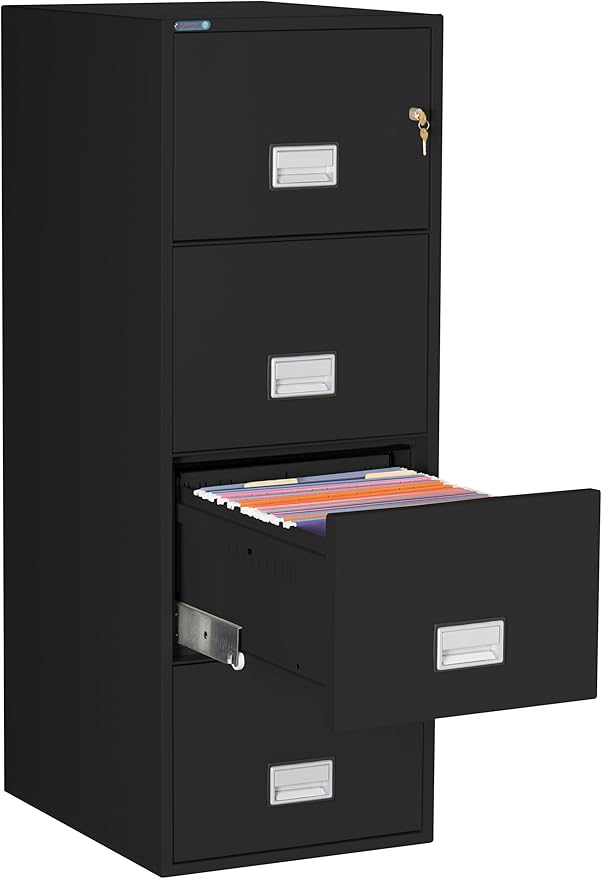 25 inch 4-Drawer Vertical Fireproof File Cabinet – Legal and Letter Size Filing – Key Lock – Water Resistant Seal – Fire and Impact Rated – Black Finish – Model LGL4W25B
