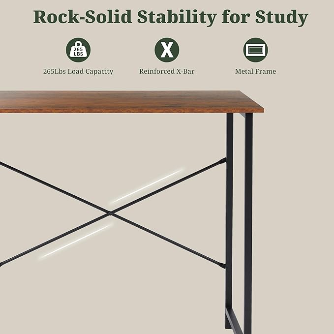 Computer Desk 32 Inch, Simple Home Office Desk Study Writing Table, Sturdy Metal Frame, Scratch-Resistant MDF Desktop for Bedroom Dorm Workspace Small Space, Brown