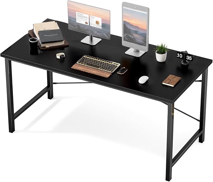 Sweetcrispy Small Computer Desk,55 Inch Office Writing Work Desk with Metal Frame Wooden Tabletop, Student Study Home Bedroom Table with X-Shaped Reinforcement, Black