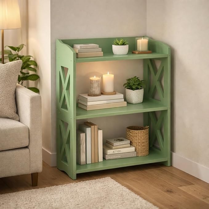 Green Bookcase by Natural Wood, 3 Tier Bookshelf, Small Book Shelves Freestanding Display Storage Shelves. Open Bookshelf for Bedroom, Living Room and Office (Green, 3 Tier)