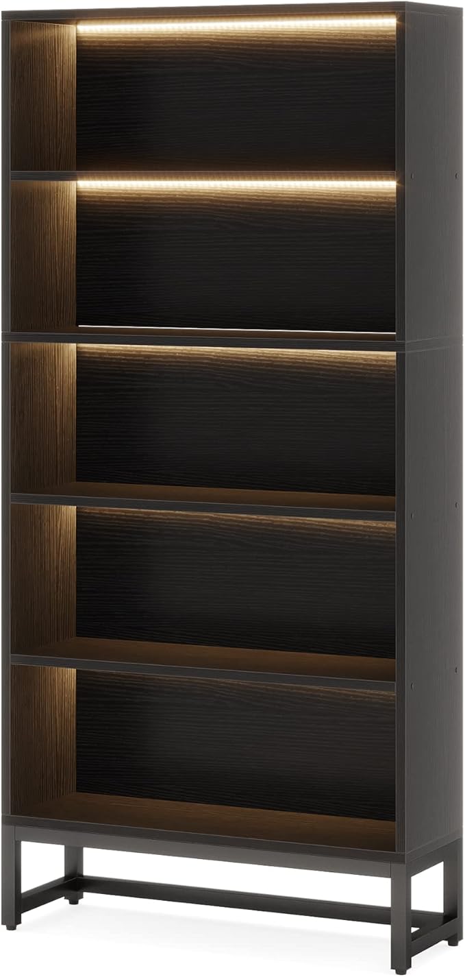 LITTLE TREE 70.8 Inch Tall Bookshelf with LED Light Strip, 5-Tier Large Bookcases Organizer with Storage Shelves, Heavy Duty Free-Standing Library Etagere Shelving Unit for Living Room, Bedroom