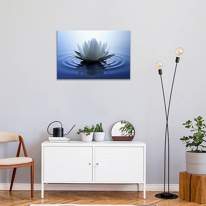 White Lotus Wall Art Canvas Pictures Print Spiritual Meditation Artwork Poster for Yoga Room Bathroom Zen Spa Photo Decor Framed Ready to Hang (12x 16inch)