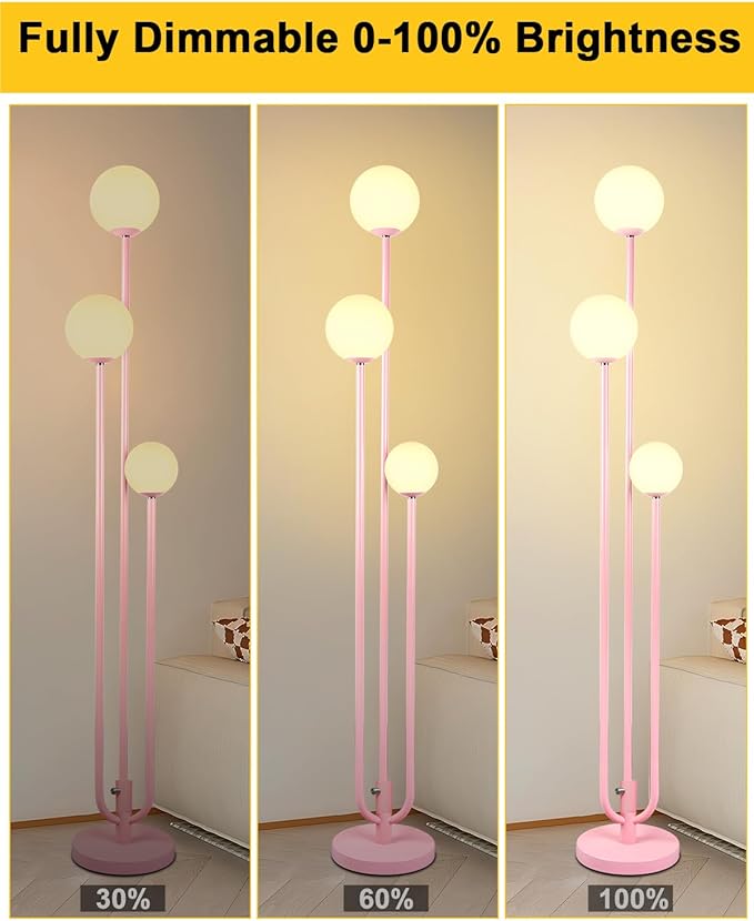 Lightdot 63IN Pink Floor Lamp Mid Century Modern Floor Lamp with 3 Globe 3000K Bulbs Included, 3 Lights U-Style Standing Lamp for Wedding Party/Living Room/Bedroom/Sofa Beside/Corner Decor