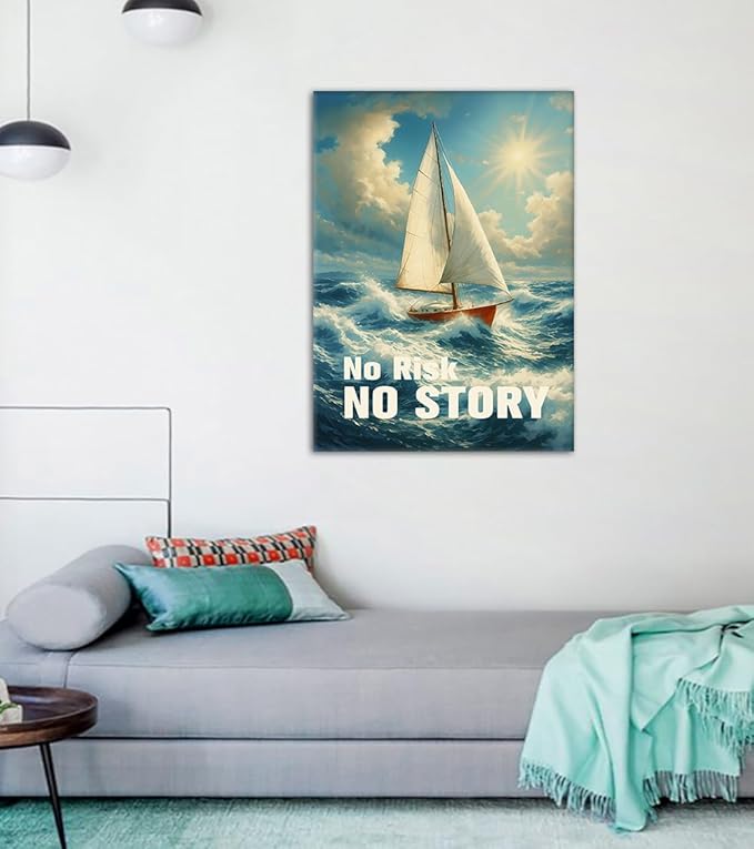 Inspirational Sailboat Wall Art - Ocean Landscape Canvas Print with No Risk No Story Inspiring Quotes, Motivational Wall Decor Modern Entrepreneurs Artwork for Office Gym Home, Framed 24"x36"
