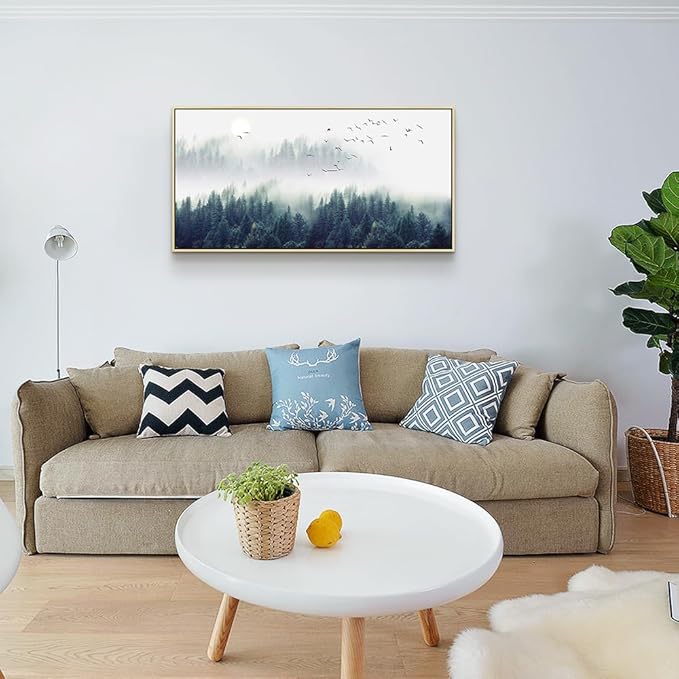 Framed Canvas Wall Art For Living Room Large Size Wall Decor For Bedroom Foggy Forest Trees Landscape Painting Wall Decorations Modern Home Decor Canvas Pictures Artwork Natural Framed 20" X 40"
