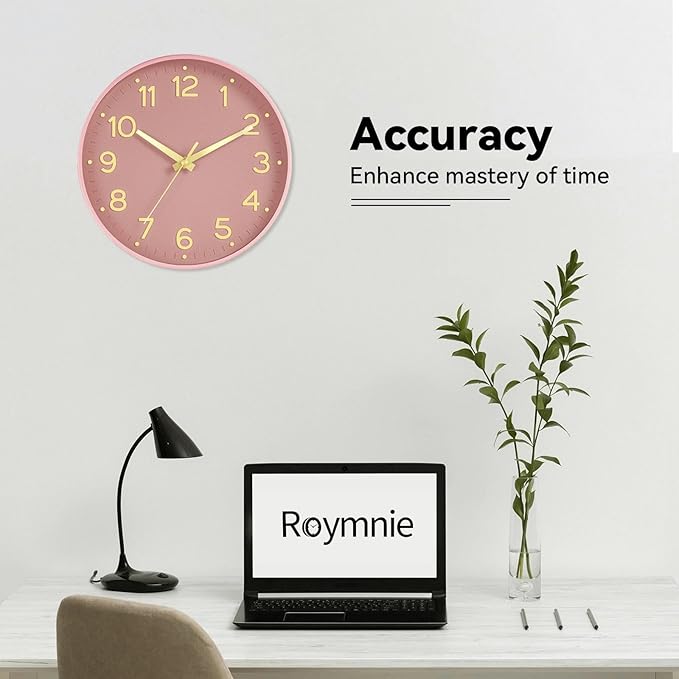 Wall Clock 12 Inch Silent Wall Clocks Battery Operated-Modern Non Ticking Analog Clock Decorative for Kitchen Bedroom Office (Pink Gold)