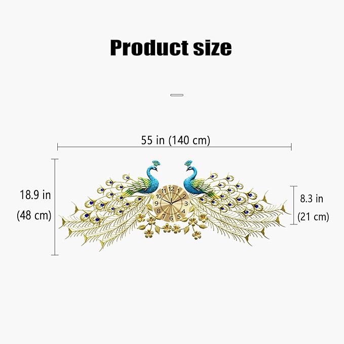Wall Clock Metal Peacock Wall Clock for Living Room Decor, Silent Movement Office Bedroom Clock, Modern Iron ation Quartz Clock Clock