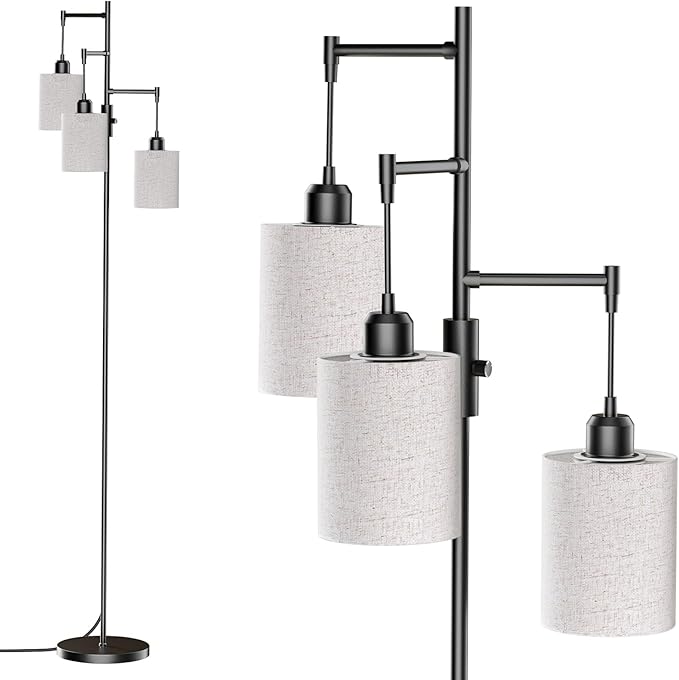 Dimmable Floor Lamp, Tall Standing Lamp with Linen Shade, Industrial Tree Floor Lamps for Living Room Bedroom Office, 3 x 1000LM LED Bulbs Included